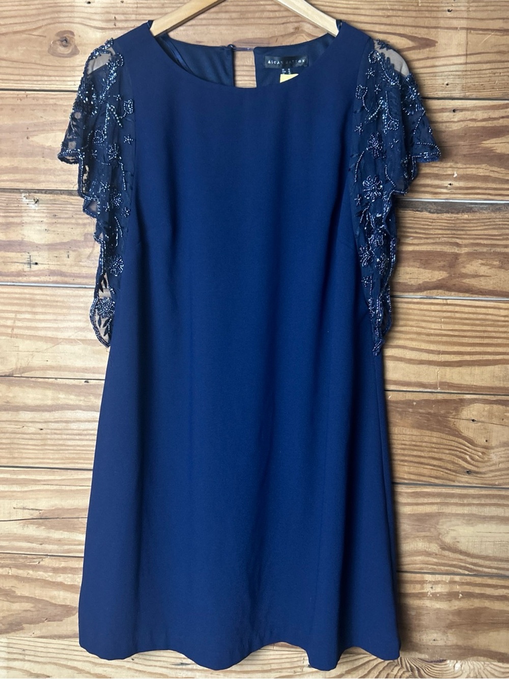 Aidan Mattox Navy Beaded Flutter-Sleeve Shift Dress